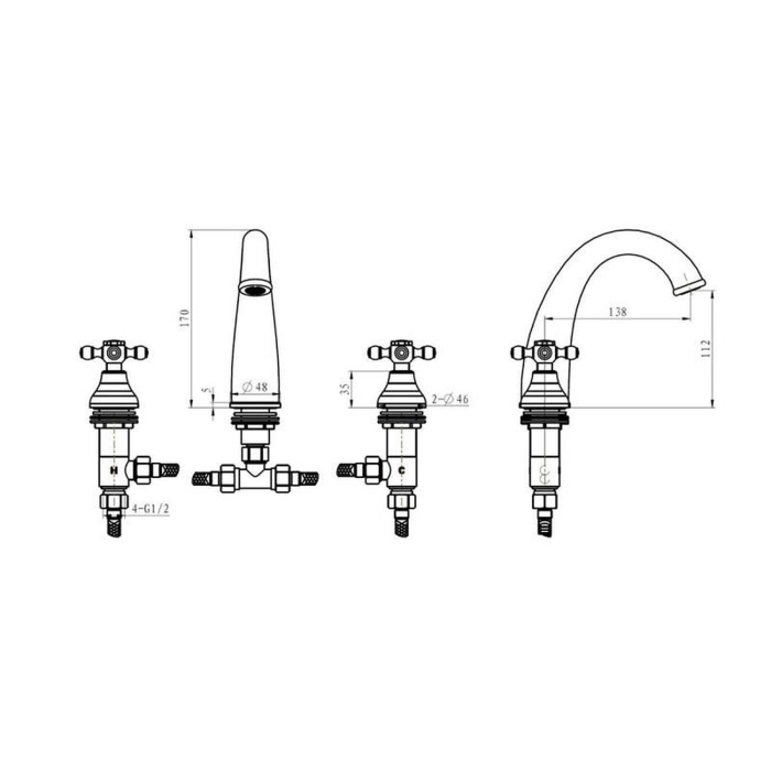 Смеситель для раковины на 3 отверстия 277 W-Cr Boheme Tradizionale Cromo Chrome, Хром, С РУЧКОЙ MURANO WHITE, БЕЗ ДОННОГО КЛАПАНА