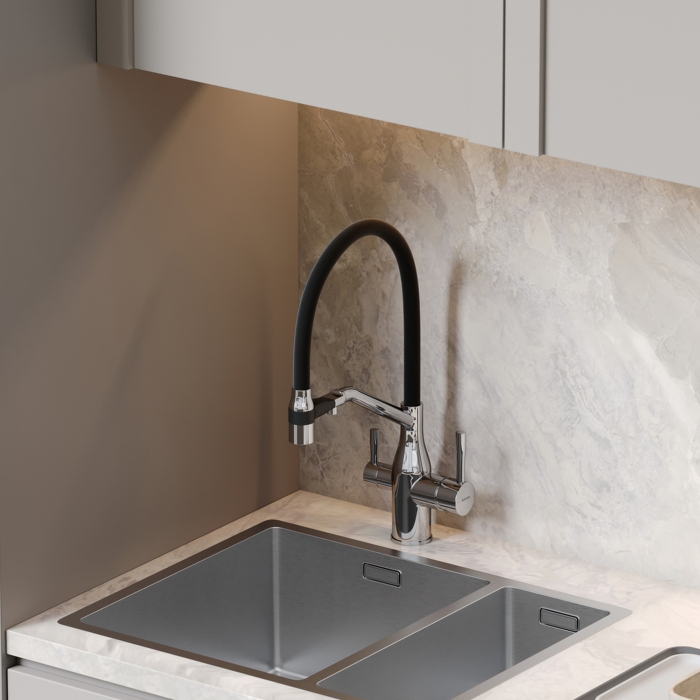 Смеситель для кухни SC4008CH Sancos Orta, Хром/Черный, С КАНАЛОМ ДЛЯ ФИЛЬТРОВАННОЙ ВОДЫ, С ГИБКИМ ИЗЛИВОМ И СЪЁМНОЙ ЛЕЙКОЙ