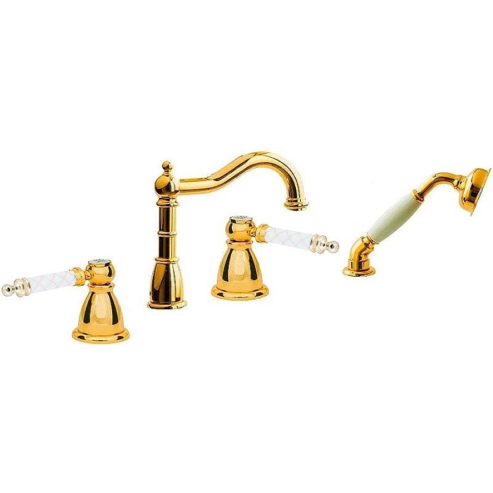 Смеситель на борт ванны 395-MR-W Boheme Tradizionale Gold, Золото/Белый, С РУЧКОЙ MURANO WHITE, С ДУШЕВЫМ НАБОРОМ