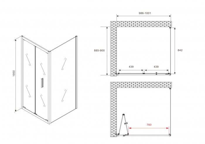 Душевой уголок 90x100 см Abber Sonnenstrand AG07100-S90, Профиль Хром, Стекло Прозрачное, БЕЗ ПОДДОНА