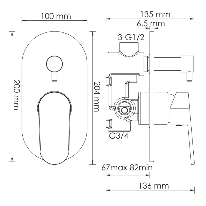 Смеситель встроенный 5341 WasserKraft Donau 5300, Хром, С ВНУТРЕННЕЙ ЧАСТЬЮ