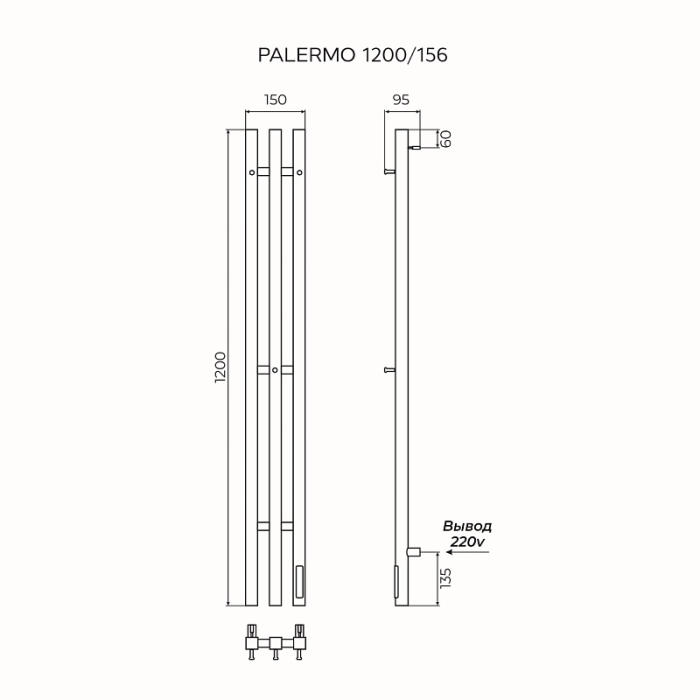 Полотенцесушитель электрический  AZ83856G Azario Palermo 1200/15.6 см, Диммер Справа, Графит