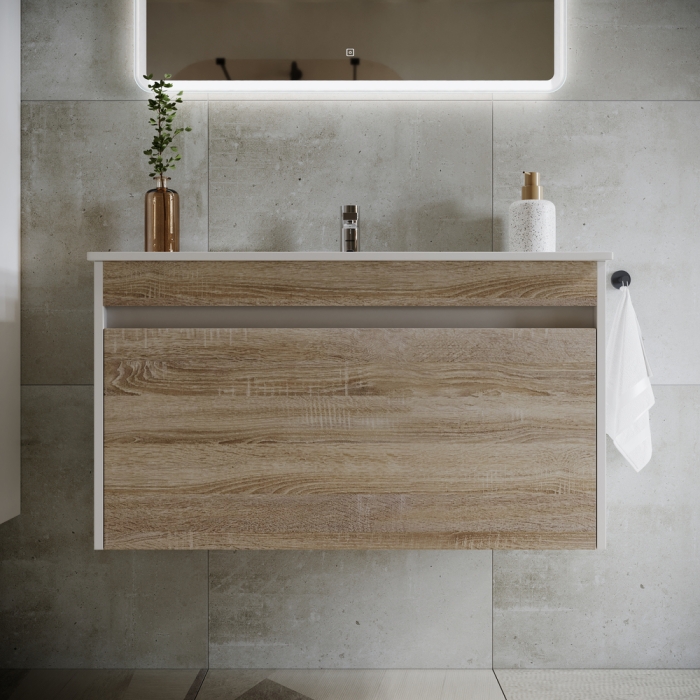 Тумба подвесная под раковину SM90E Sancos Smart 890х450х500, Дуб Бардолино/Белый, БЕЗ РАКОВИНЫ