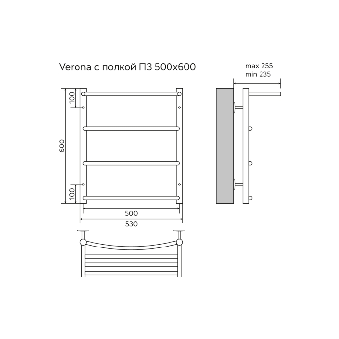 Полотенцесушитель водяной с полкой AZ04156P Azario Verona 50/60 см, нижнее подключение 1/2, Хром